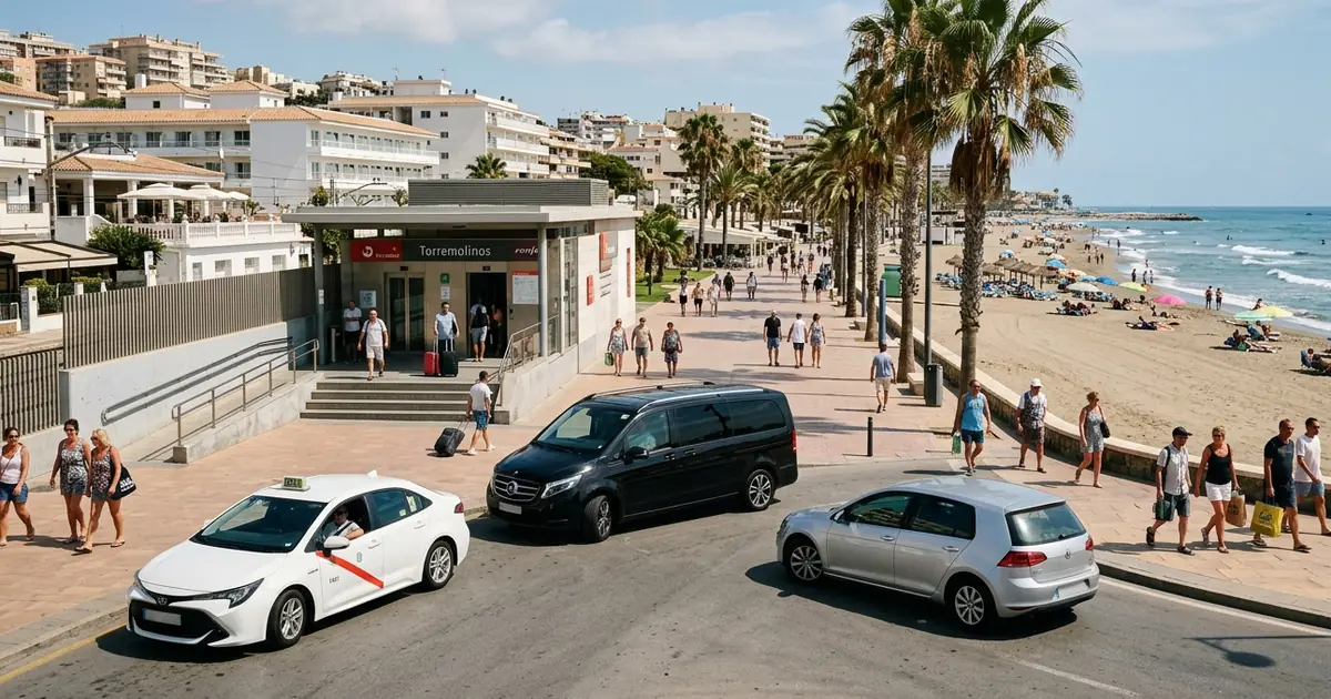 Torremolinos promenade with train access and taxi heading to Malaga Airport