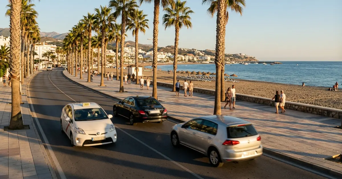 Torrox Costa promenade with motion blur cars heading to Malaga Airport