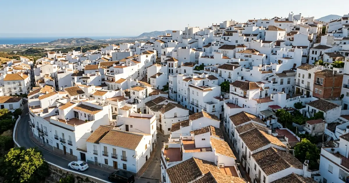 Torrox Pueblo hilltop view with white houses and airport transfer leaving village