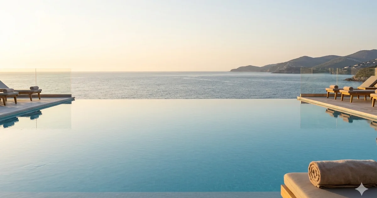 Infinity pool view near Vincci Selección Alegría del Mar with sea horizon and peaceful early departure atmosphere