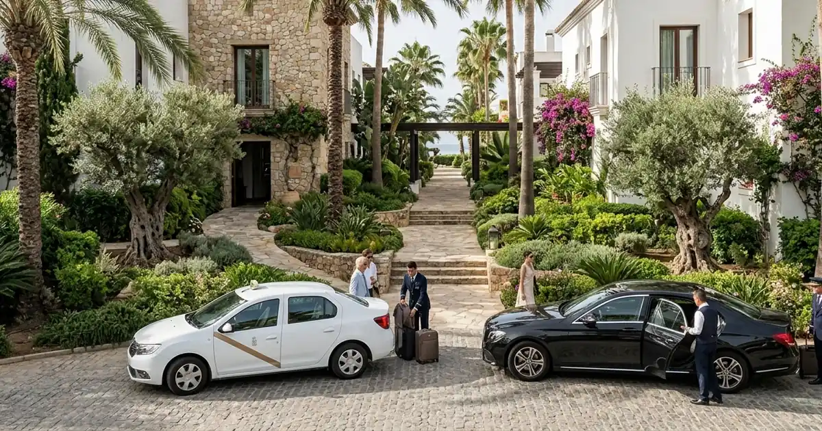 Boutique coastal hotel garden arrival with taxi at Vincci Selección Alegría del Mar