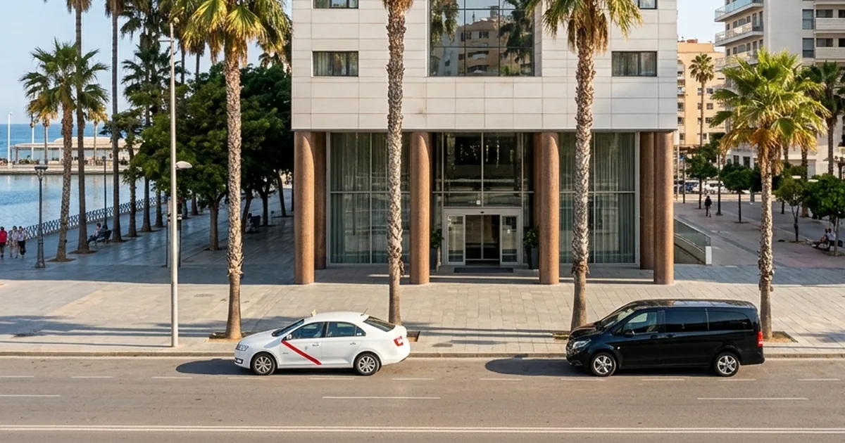 Modern city beachfront arrival with taxi at Vincci Málaga Hotel