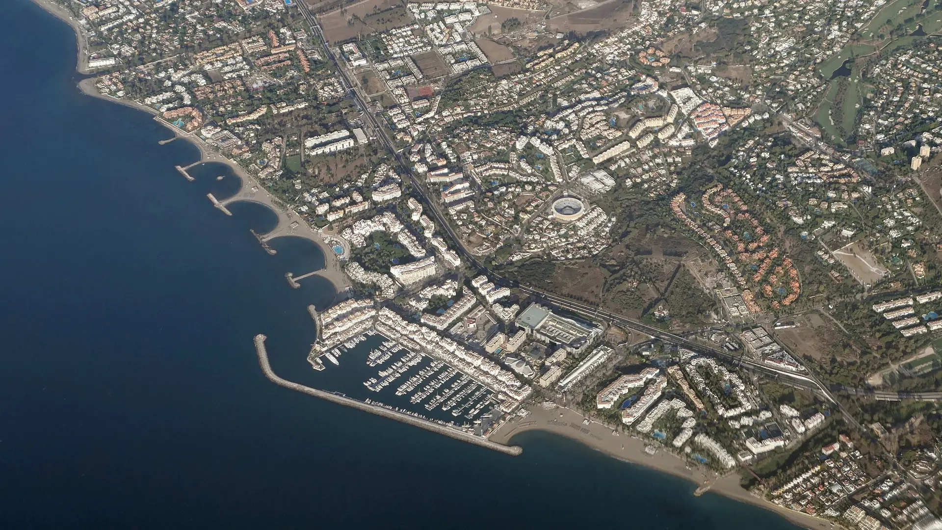 Aerial view of Puerto Banús and the Marbella coastline with the marina and beaches