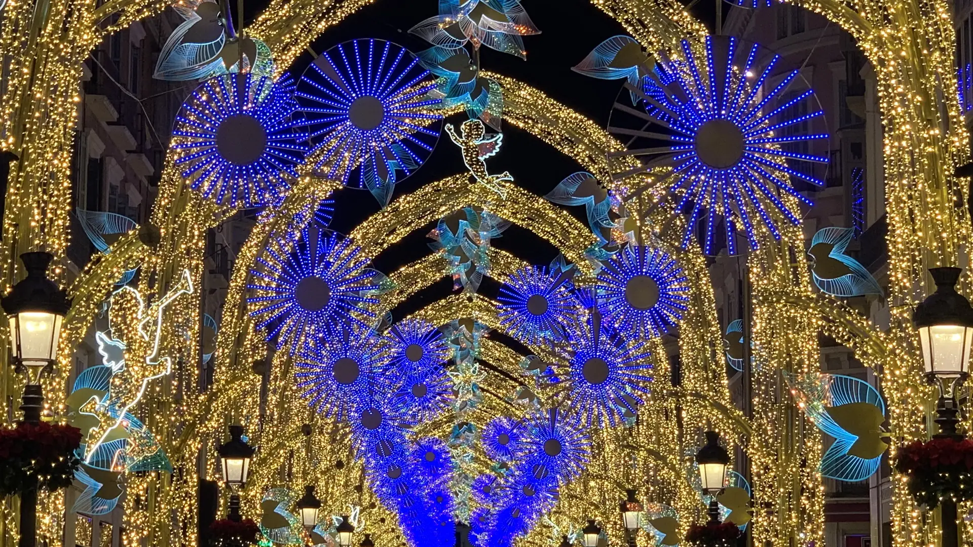 The Calle Larios Christmas light arches in Malaga lit gold and blue at night